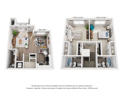 Floor plan for 2 beds, 2.5 baths, 1100 sqft